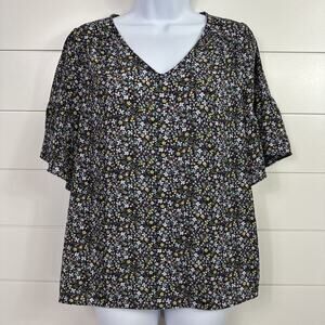 LOFT Floral Print Short Sleeved V-Neck Blouse Shirt Navy Blue sz S